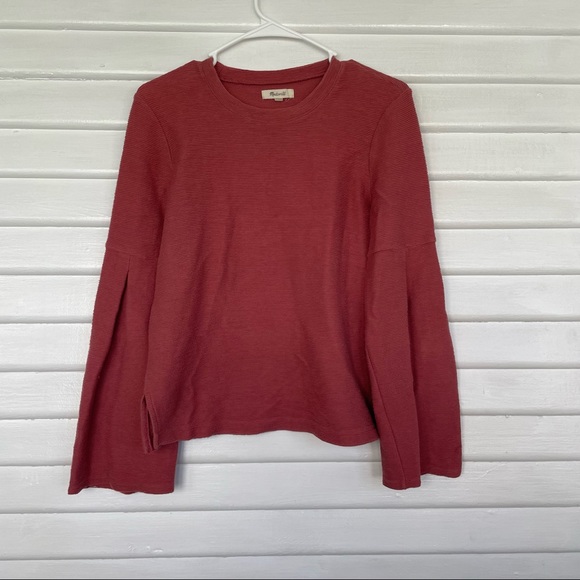 Madewell • Sweater Ribbed Salmon Mauve Round Neckline Bell Balloon Sleeve Small - Picture 2 of 11